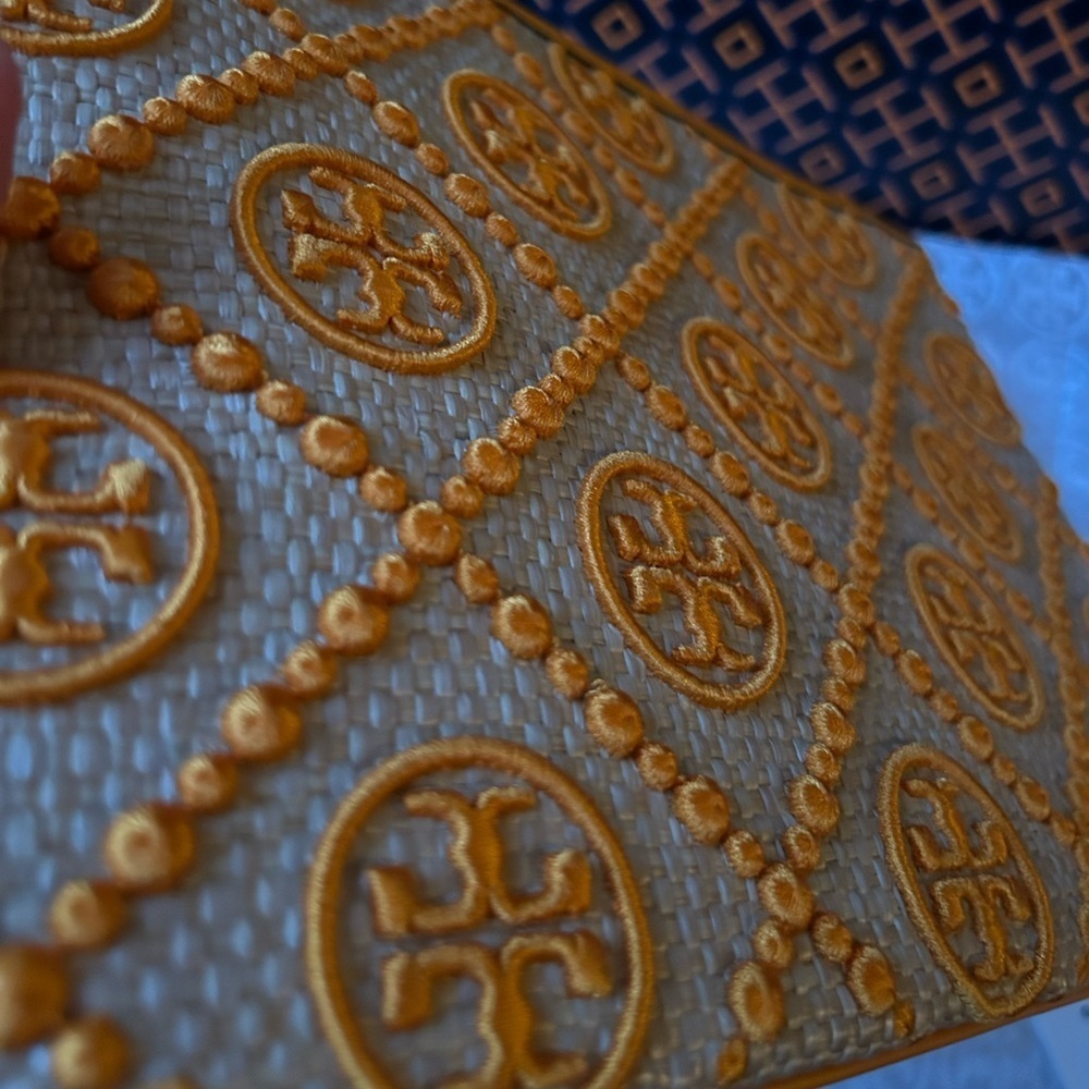 Tory Burch T Monogram Embroidered Straw Pouch Orange Citrine - Picture 5 of 11